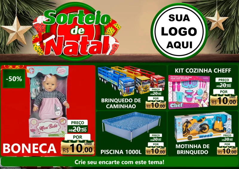 Modelo de Encarte para Encarte A4 Horizontal com o tema Sorteio de Natal para Brinquedos