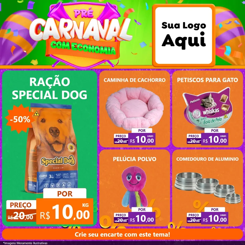 Modelo de Rede Social para Feed Facebook com o tema Pré-Carnaval Com Economia para Pet Shop