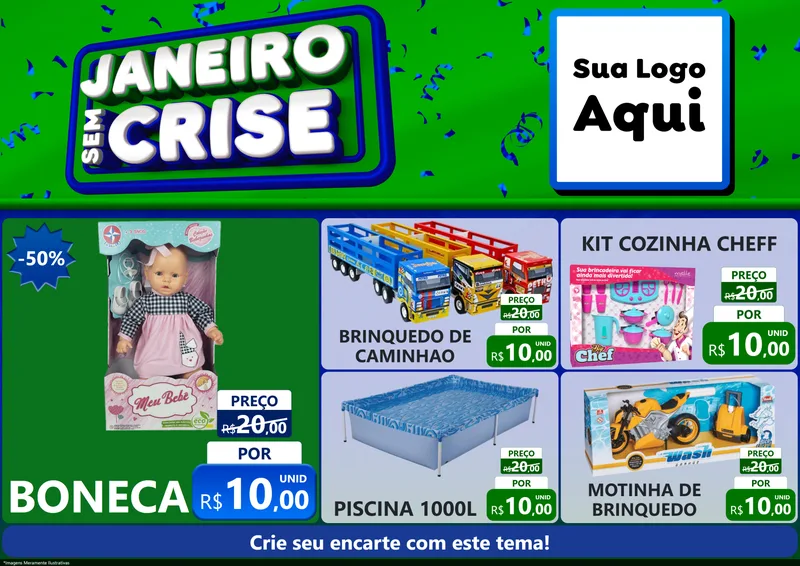 Modelo de Encarte para Encarte A4 Horizontal com o tema Janeiro Sem Crise para Brinquedos