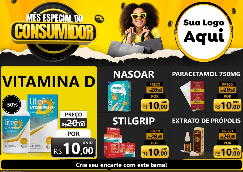 Modelo de Encarte para Encarte A4 Horizontal com o tema Mês Especial do Consumidor para Farmácia