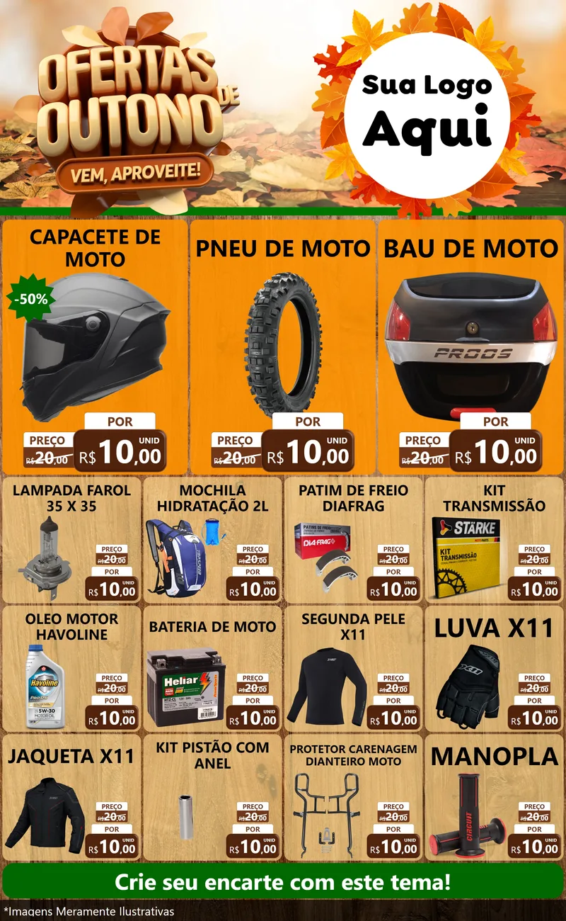 Modelo de Encarte para Encarte Grande com o tema Ofertas de Outono - Vem, Aproveite! para Moto peças