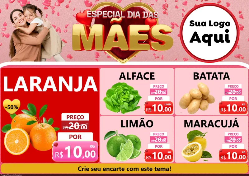 Modelo de Encarte para Encarte A4 Horizontal com o tema Especial Dia Das Mães para Hortifrúti