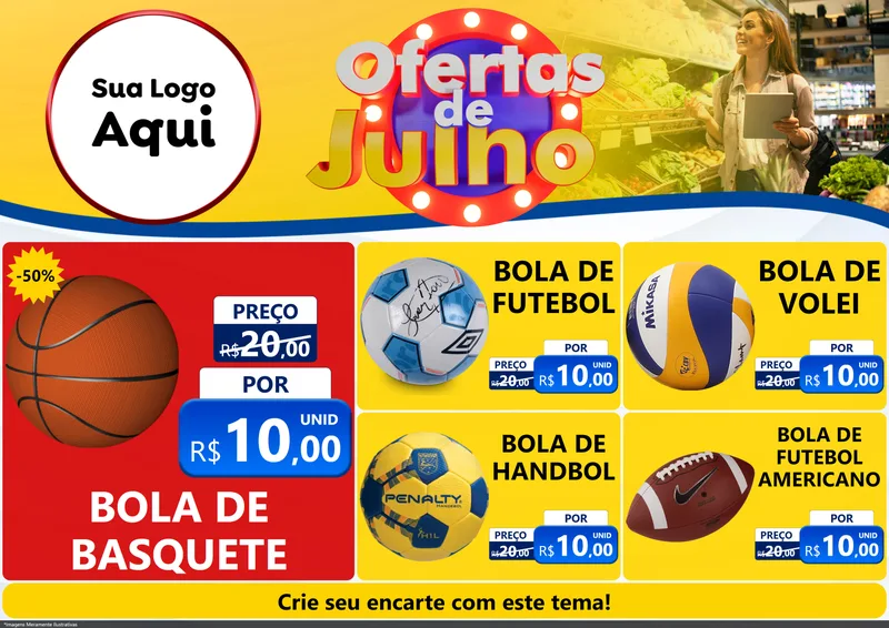 Modelo de Encarte para Encarte A4 Horizontal com o tema Ofertas de Julho para Artigos Esportivos