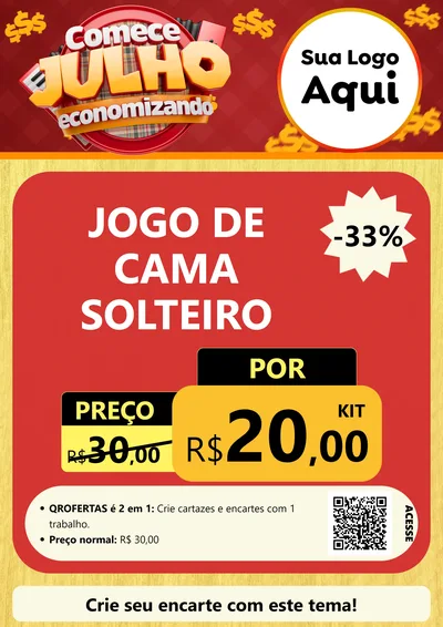 Modelo de Cartaz para Cartaz A4 Vertical com o tema Comece Julho Economizando para Cama, Mesa e Banho