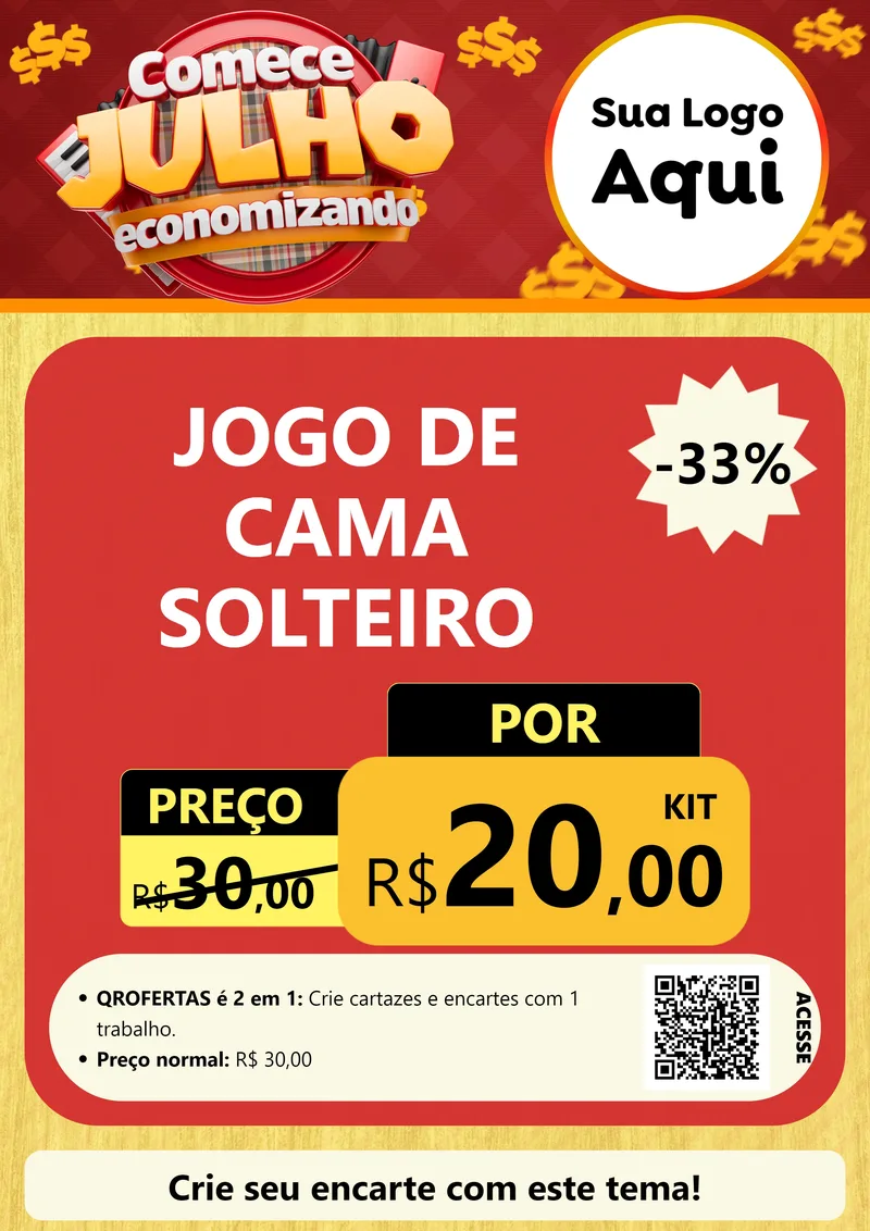 Modelo de Cartaz para Cartaz A4 Vertical com o tema Comece Julho Economizando para Cama, Mesa e Banho