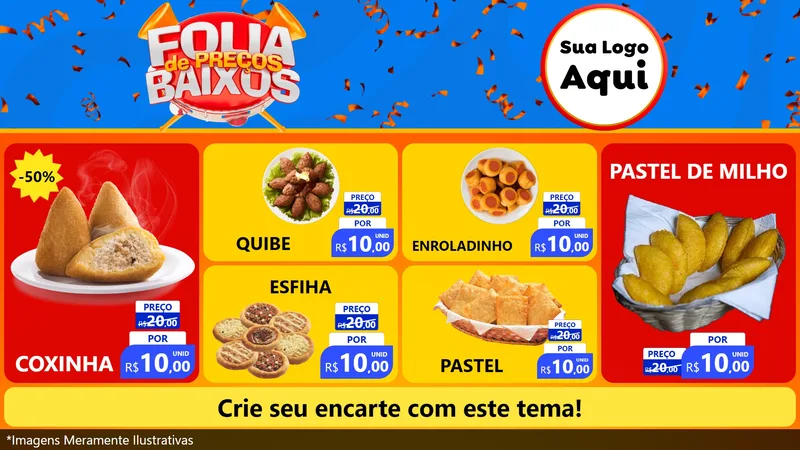 Modelo de TV para TV Horizontal com o tema Folia de Preços Baixos para Salgadaria