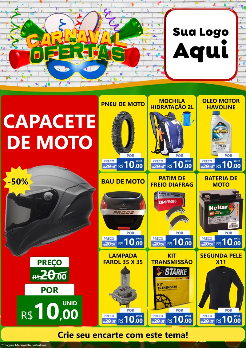 Modelo de Encarte para Encarte A4 Vertical com o tema Carnaval de Ofertas para Moto peças