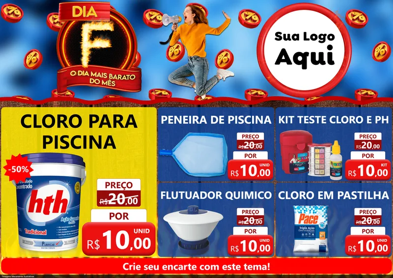 Modelo de Encarte para Encarte A4 Horizontal com o tema Dia F - O Dia Mais Barato Do Mês para Produtos para Piscina