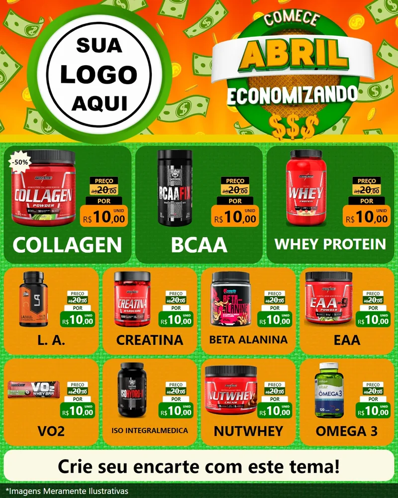 Modelo de Rede Social para Feed Instagram com o tema Comece Abril Economizando para Suplementos alimentares