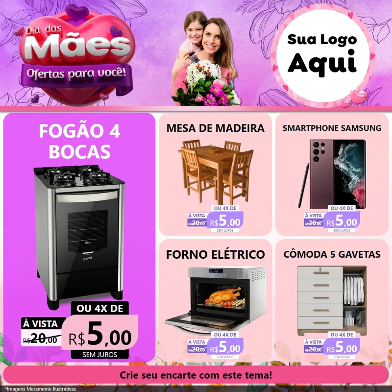 Modelo de Rede Social para Feed Facebook com o tema Dia das Mães Ofertas para Você! para Móveis e Eletro