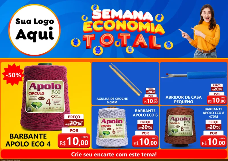 Modelo de Encarte para Encarte A4 Horizontal com o tema Semana Economia Total para Armarinho e Aviamentos