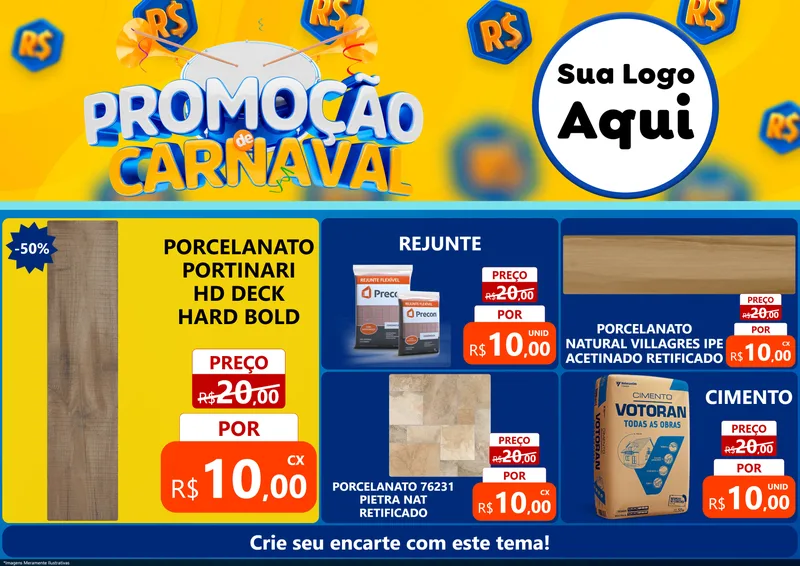 Modelo de Encarte para Encarte A4 Horizontal com o tema Promoção de Carnaval para Pisos e revestimentos