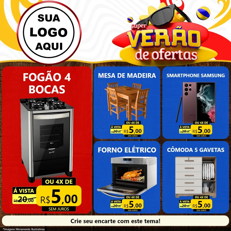 Modelo de Rede Social para Feed Facebook com o tema Super Verão de Ofertas para Móveis e Eletro