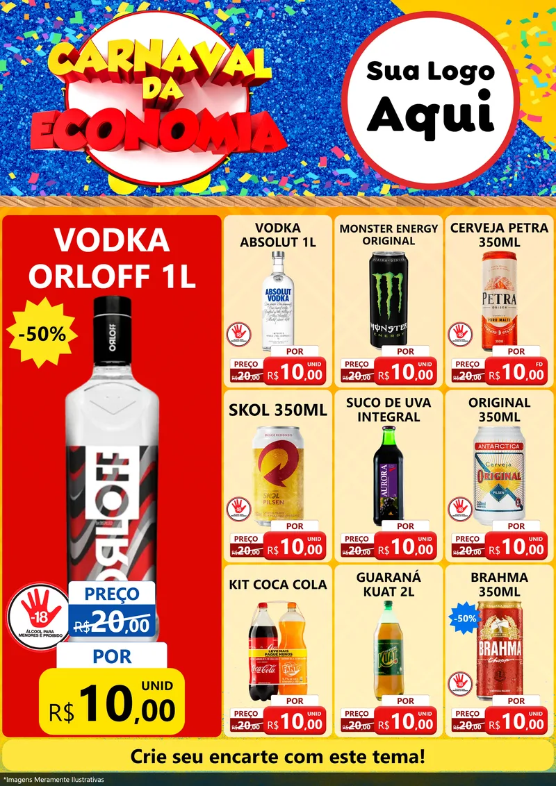 Modelo de Encarte para Encarte A4 Vertical com o tema Carnaval da Economia para Distribuidora de bebidas