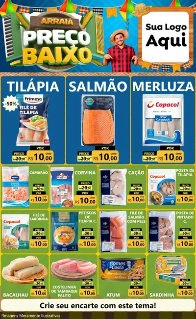 Modelo de Encarte para Encarte Grande com o tema Arraiá de Preço Baixo - Junina para Peixaria