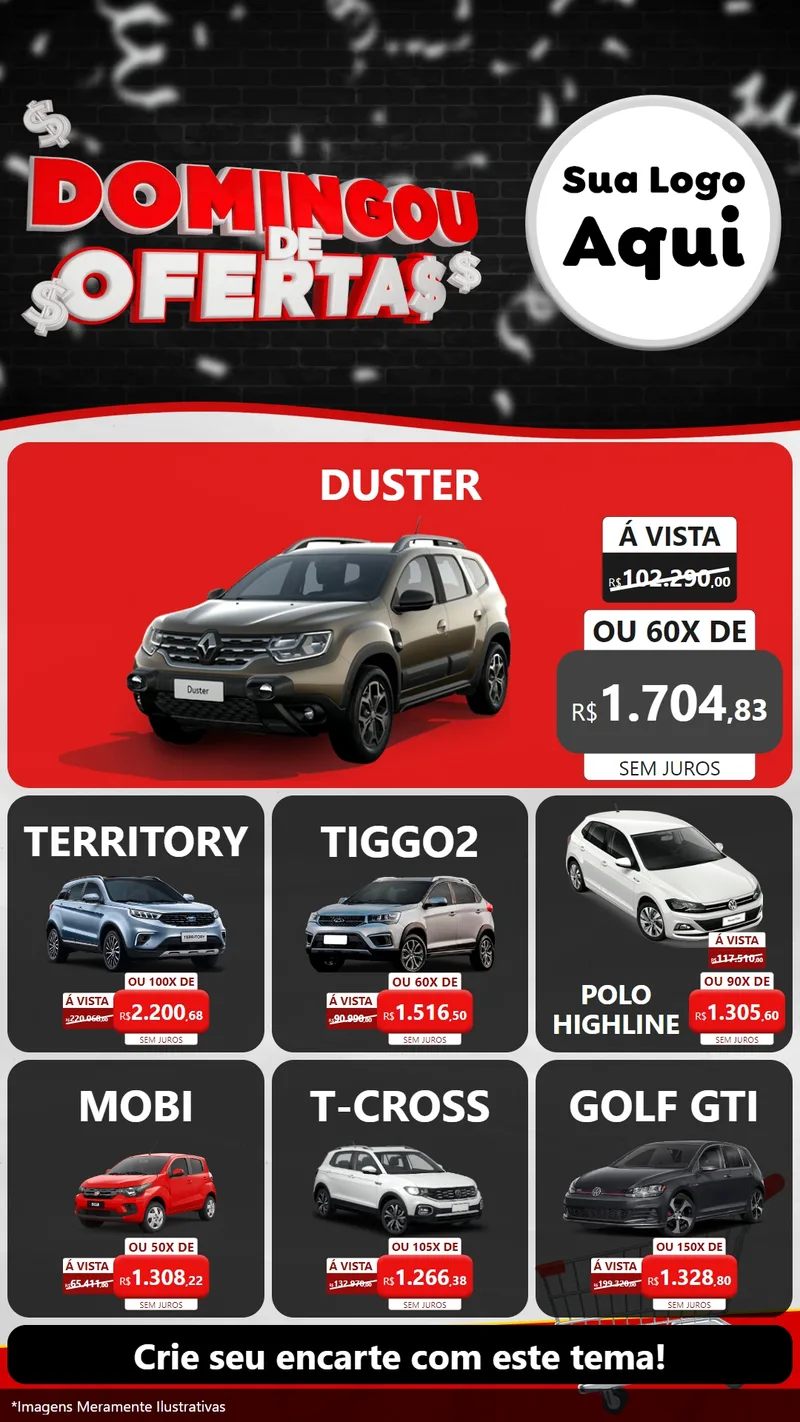 Modelo de Rede Social para Stories com o tema Domingou de Ofertas para Concessionaria de Carros