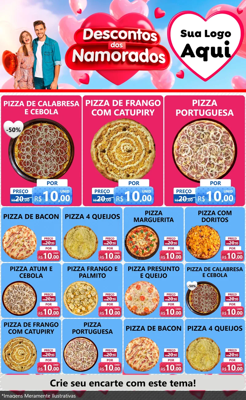 Modelo de Encarte para Encarte Grande com o tema Descontos dos Namorados para Pizzaria