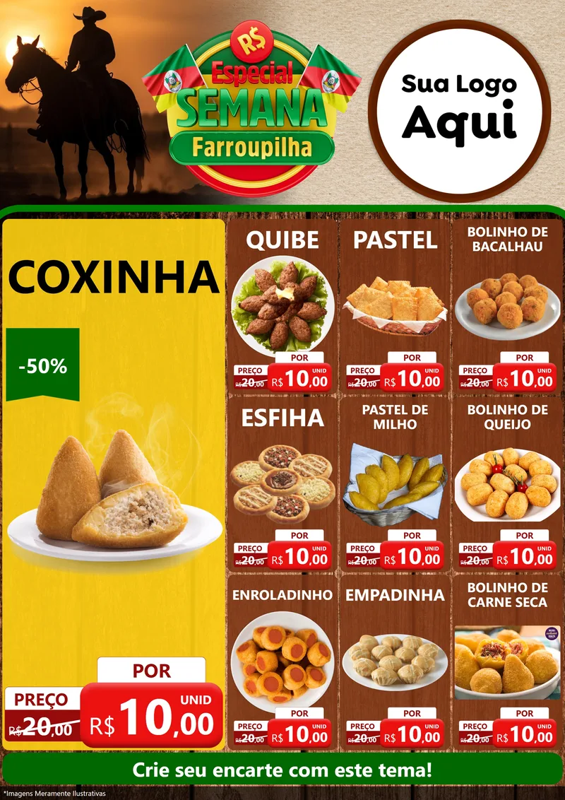 Modelo de Encarte para Encarte A4 Vertical com o tema Especial Semana Farroupilha para Salgadaria