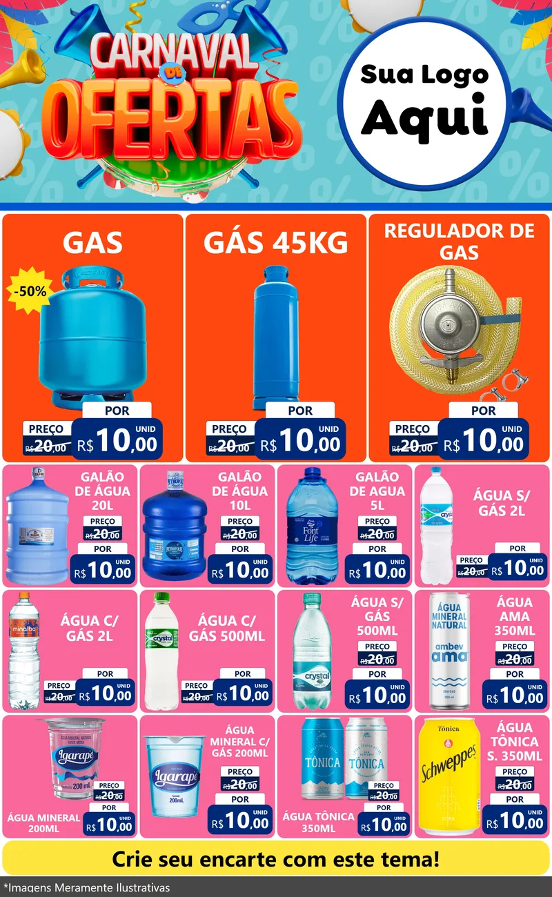 Modelo de Encarte para Encarte Grande com o tema Carnaval de Ofertas para Água e gás