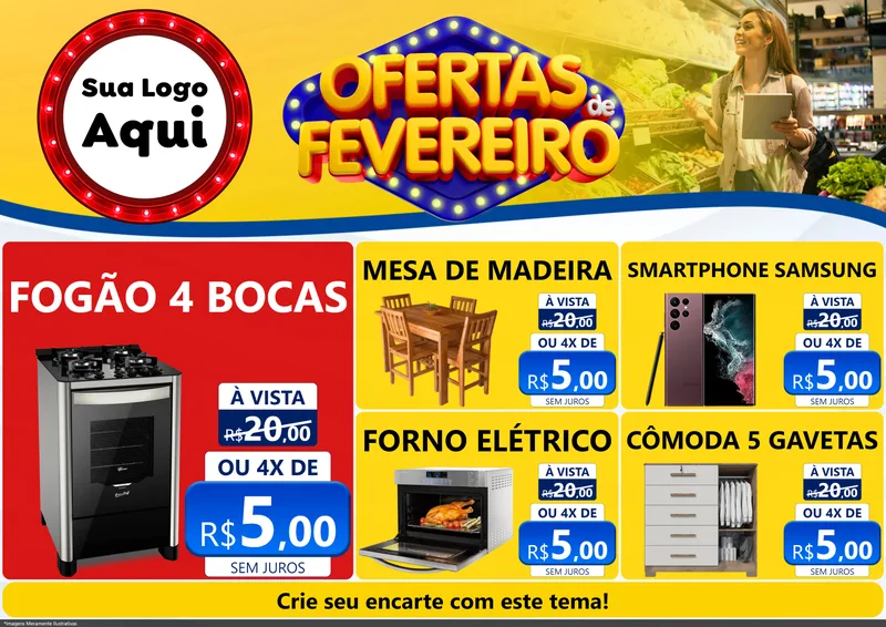 Modelo de Encarte para Encarte A4 Horizontal com o tema Ofertas de Fevereiro para Móveis e Eletro