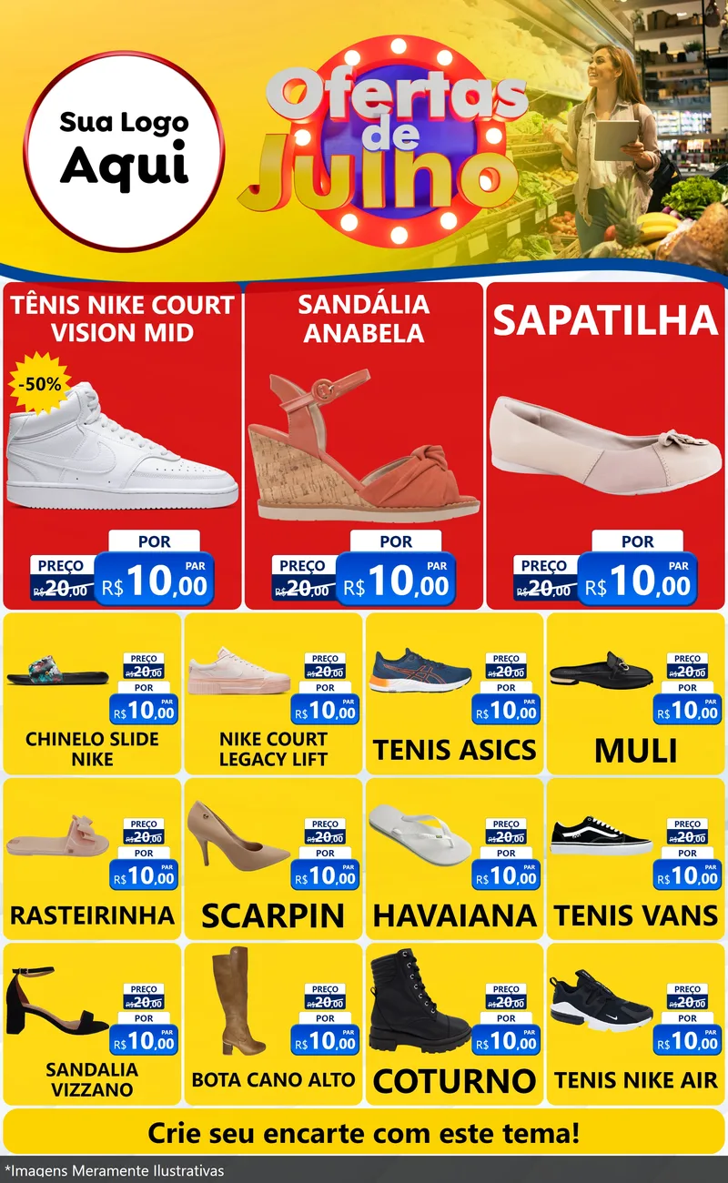 Modelo de Encarte para Encarte Grande com o tema Ofertas de Julho para Calçados