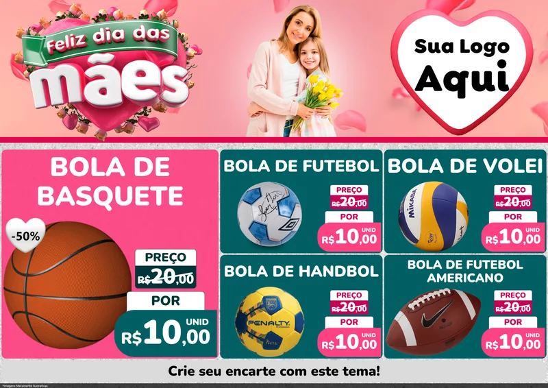 Modelo de Encarte para Encarte A4 Horizontal com o tema Feliz Dia das Mães para Artigos Esportivos