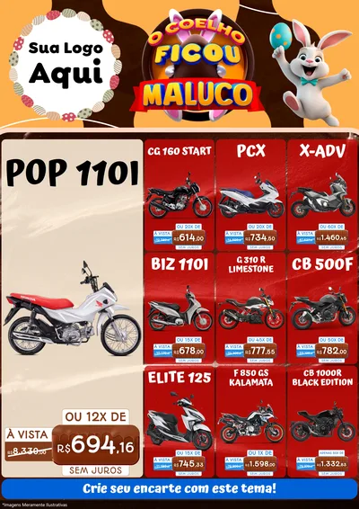 Modelo de Encarte para Encarte A4 Vertical com o tema O Coelho Ficou Maluco - Páscoa para Concessionaria de Motos