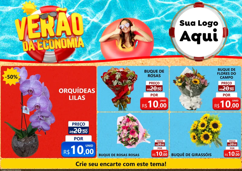 Modelo de Encarte para Encarte A4 Horizontal com o tema Verão da Economia para Floricultura e jardim