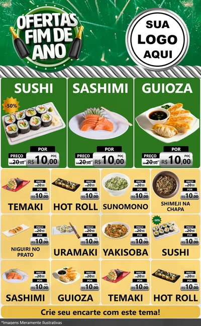 Modelo de Encarte para Encarte Grande com o tema Ofertas Fim de Ano para Comida japonesa