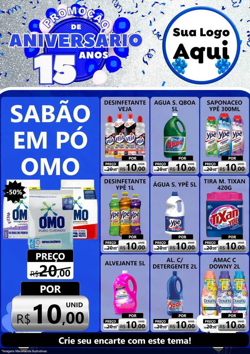 Modelo de Encarte para Encarte A4 Vertical com o tema Promoção de Aniversário - 15 Anos para Produtos de Limpeza