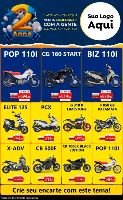 Modelo de Encarte para Encarte Grande com o tema Aniversário de 2 anos para Concessionaria de Motos