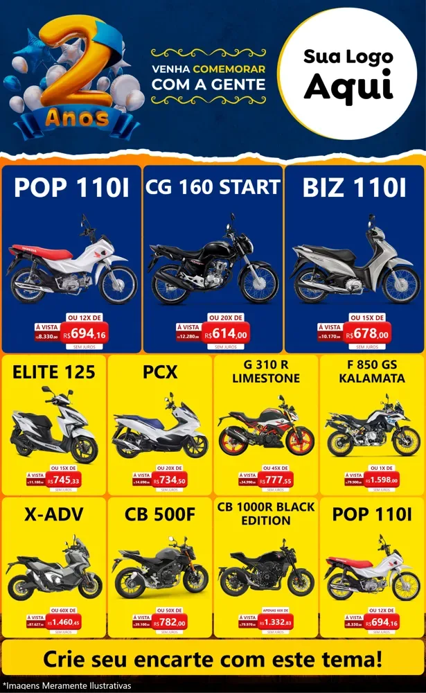 Modelo de Encarte para Encarte Grande com o tema Aniversário de 2 anos para Concessionaria de Motos