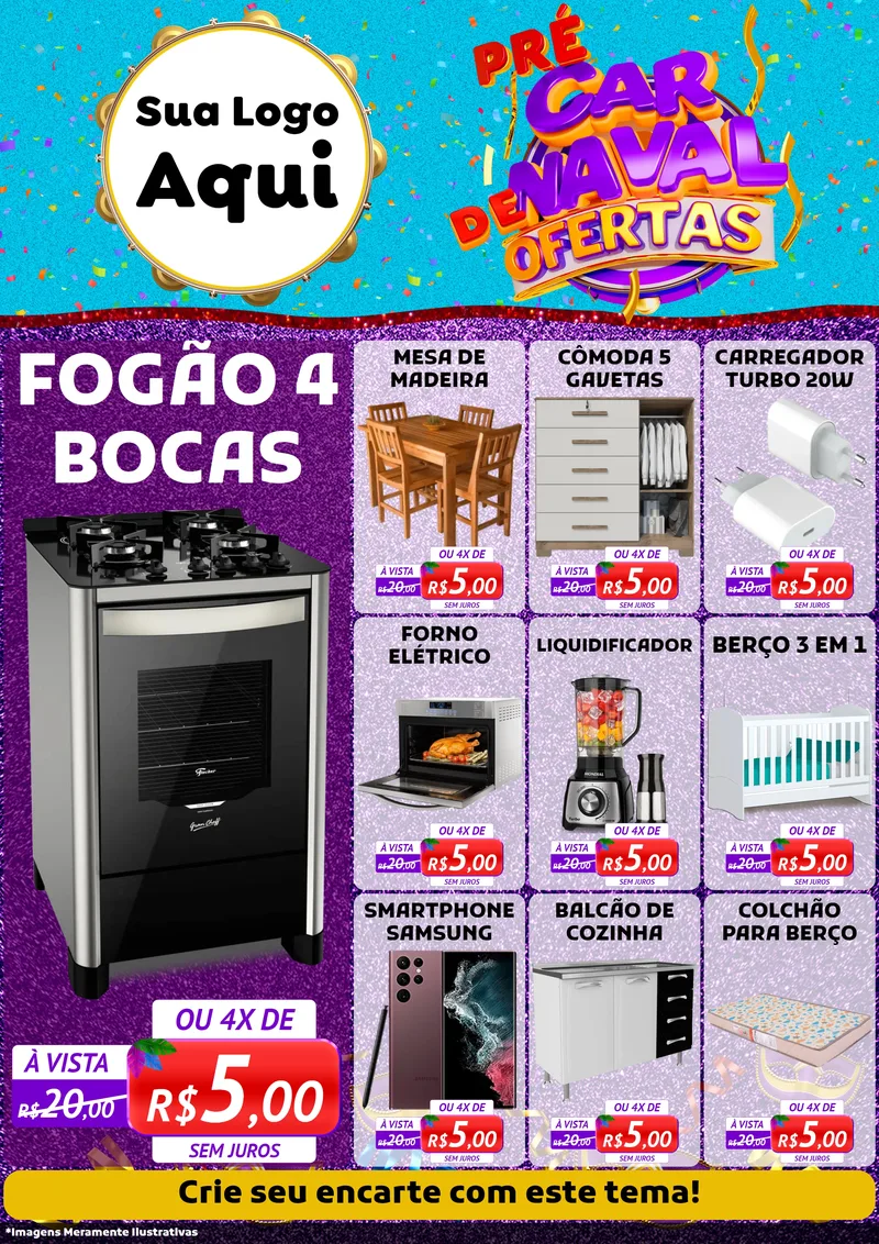 Modelo de Encarte para Encarte A4 Vertical com o tema Pré Carnaval de Ofertas para Móveis e Eletro