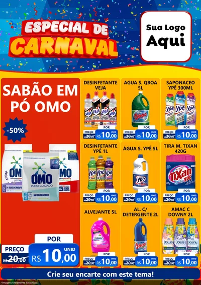 Modelo de Encarte para Encarte A4 Vertical com o tema Especial de Carnaval para Produtos de Limpeza
