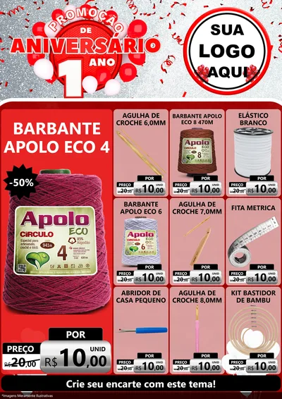 Modelo de Encarte para Encarte A4 Vertical com o tema Promoção de Aniversário - 1 Ano para Armarinho e Aviamentos
