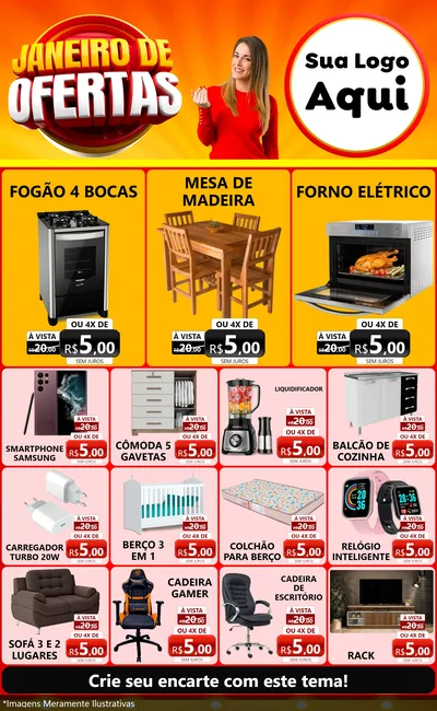 Modelo de Encarte para Encarte Grande com o tema Janeiro de Ofertas para Móveis e Eletro