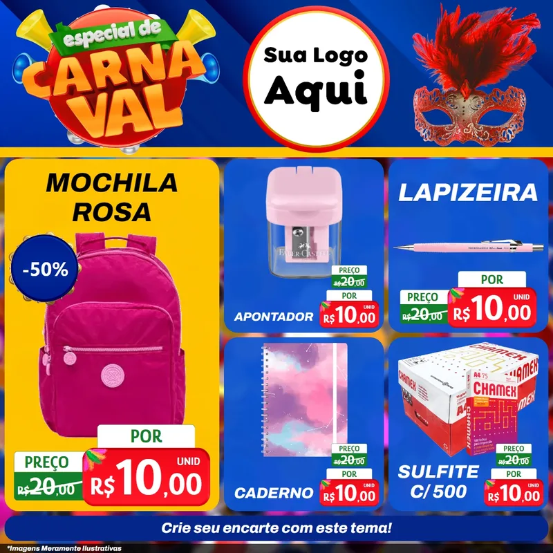 Modelo de Rede Social para Feed Facebook com o tema Especial de Carnaval para Papelaria