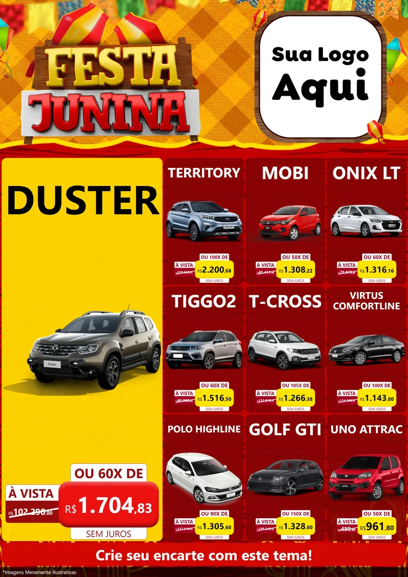 Modelo de Encarte para Encarte A4 Vertical com o tema Festa Junina para Concessionaria de Carros