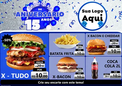 Modelo de Encarte para Encarte A4 Horizontal com o tema Promoção de Aniversário - 15 Anos para Hamburgueria