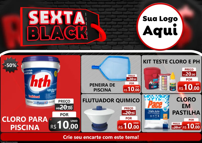 Modelo de Encarte para Encarte A4 Horizontal com o tema Sexta Black para Produtos para Piscina