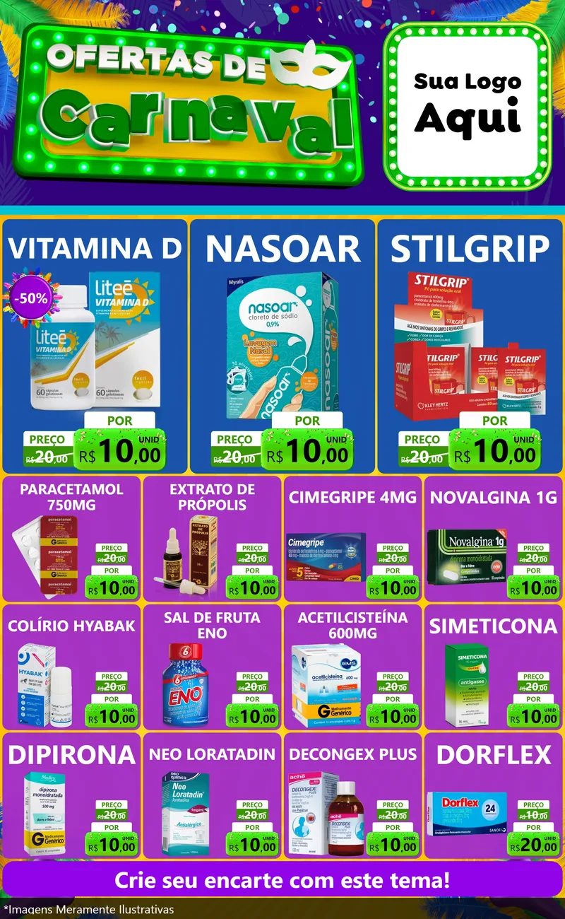 Modelo de Encarte para Encarte Grande com o tema Ofertas de Carnaval para Farmácia