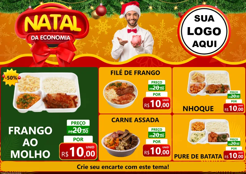 Modelo de Encarte para Encarte A4 Horizontal com o tema Natal da Economia para Restaurante