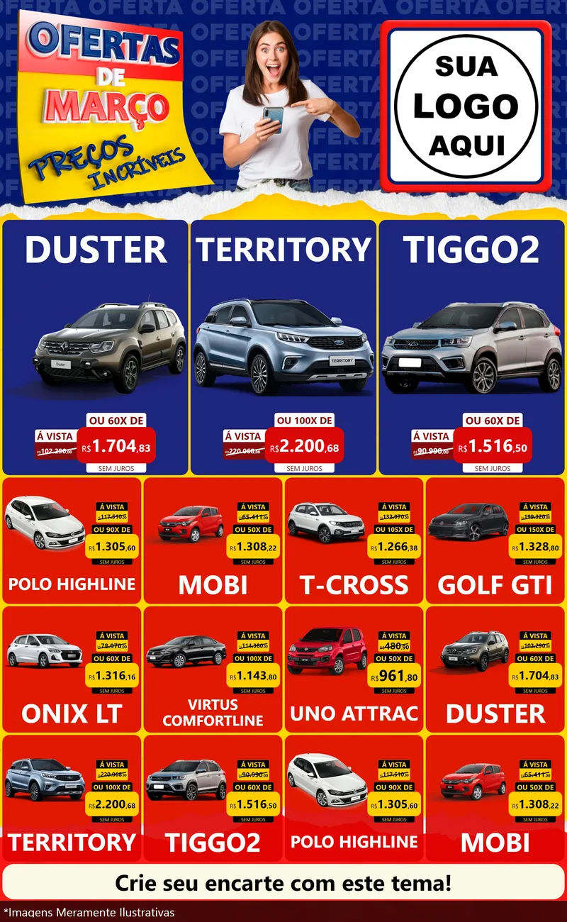 Modelo de Encarte para Encarte Grande com o tema Ofertas de Março - Preços Incríveis para Concessionaria de Carros
