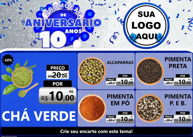 Modelo de Encarte para Encarte A4 Horizontal com o tema Promoção de Aniversário - 10 Anos para Produtos Naturais