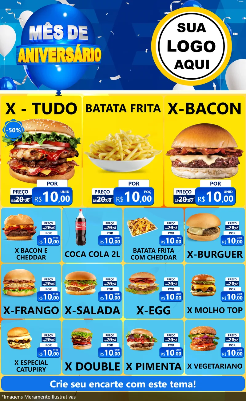 Modelo de Encarte para Encarte Grande com o tema Mês de Aniversário para Hamburgueria