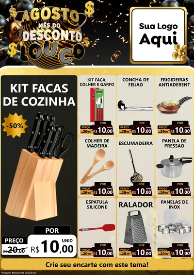 Modelo de Encarte para Encarte A4 Vertical com o tema Agosto Mês do Desconto Louco para Utilidades Domésticas