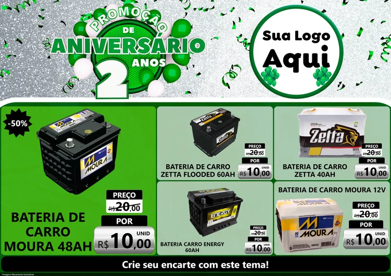 Modelo de Encarte para Encarte A4 Horizontal com o tema Promoção de Aniversário - 2 Anos para Baterias Elétricas