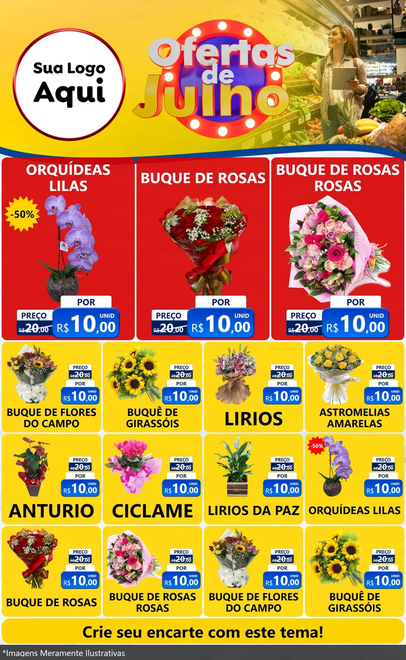 Modelo de Encarte para Encarte Grande com o tema Ofertas de Julho para Floricultura e jardim