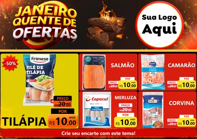 Modelo de Encarte para Encarte A4 Horizontal com o tema Janeiro Quente de Ofertas para Peixaria