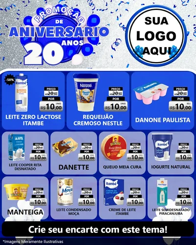Modelo de Rede Social para Feed Instagram com o tema Promoção de Aniversário - 20 Anos para Frios e Laticínios